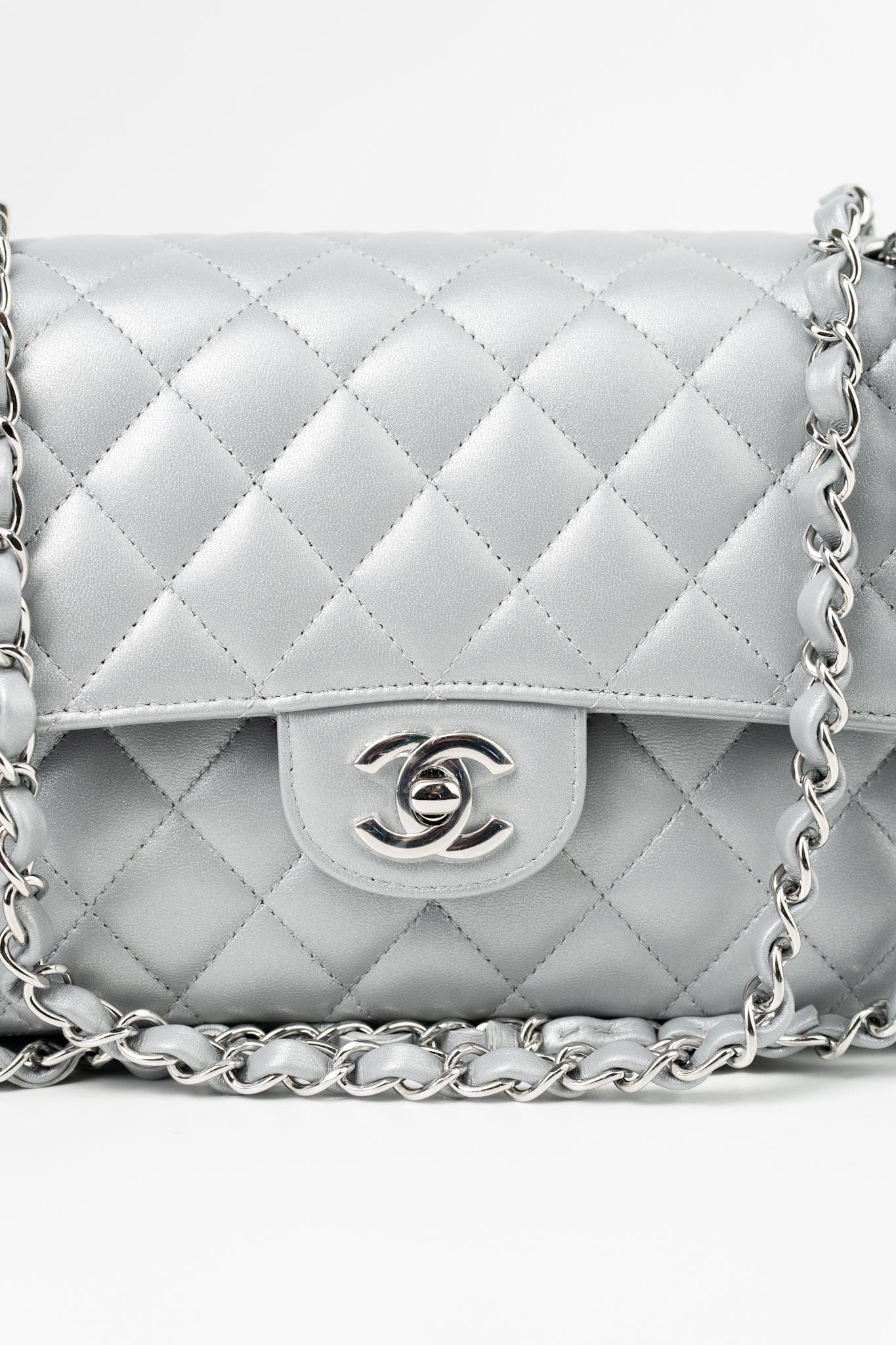 Buy Exclusive Metallic Silver Chanel Classic Flap at Buy Exclusive Metallic Silver Chanel Classic Flap at
