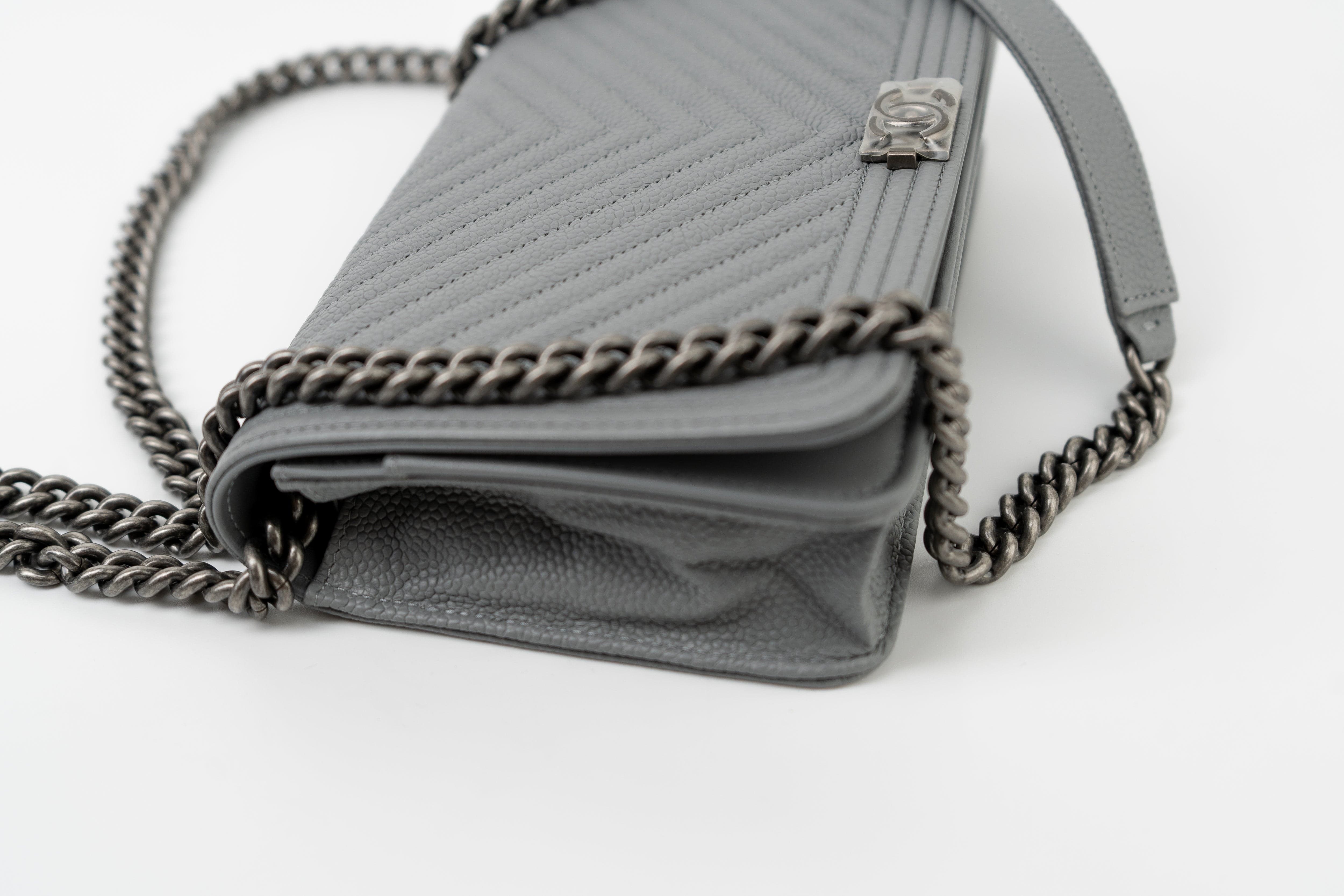 CHANEL Handbag Grey Chanel Grey Caviar Chevron Boy Wallet on Chain Ruthenium Hardware (WOC) - Redeluxe