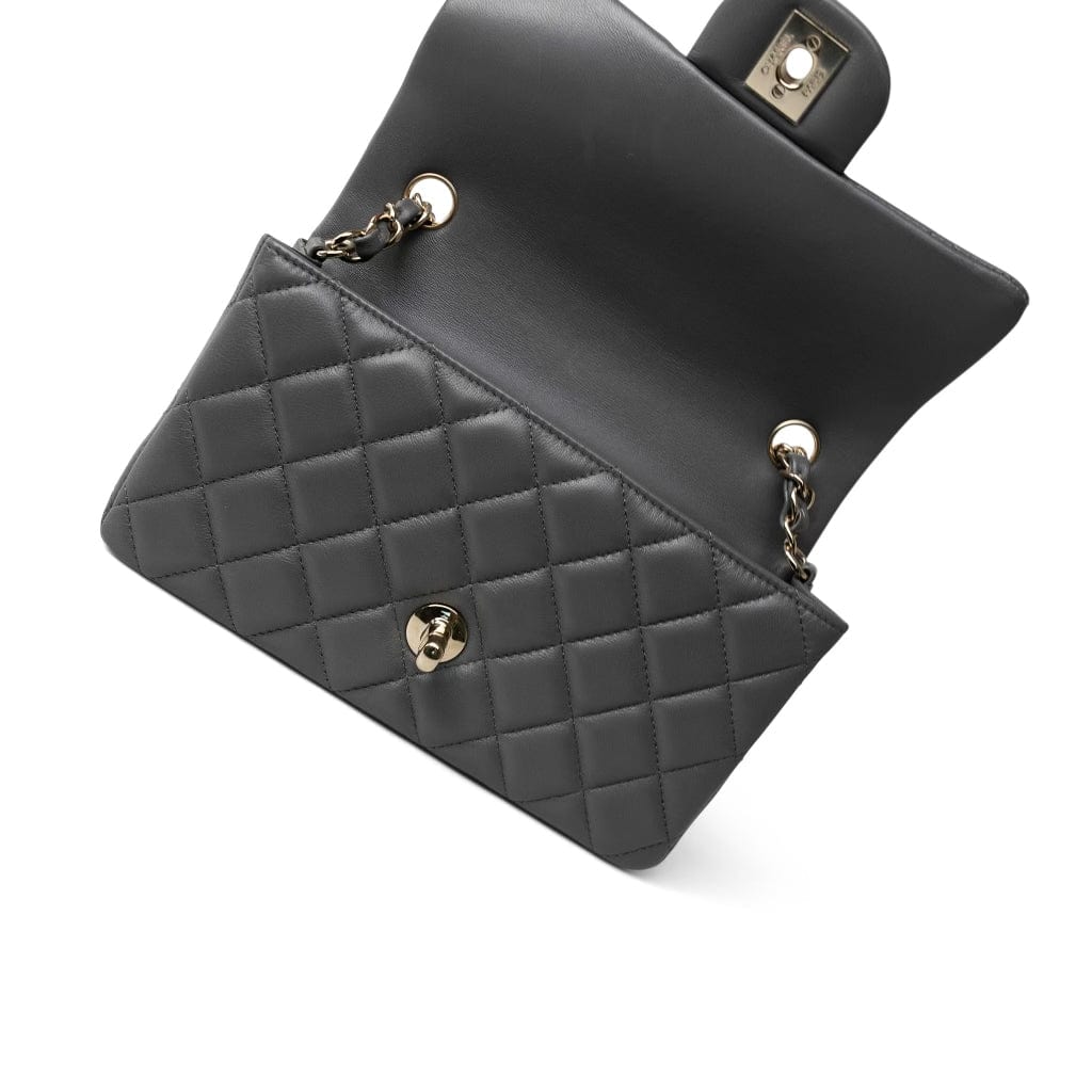 CHANEL Handbag Grey Dark Grey Lambskin Quilted Mini Rectangular Flap Light Gold Hardware - Redeluxe