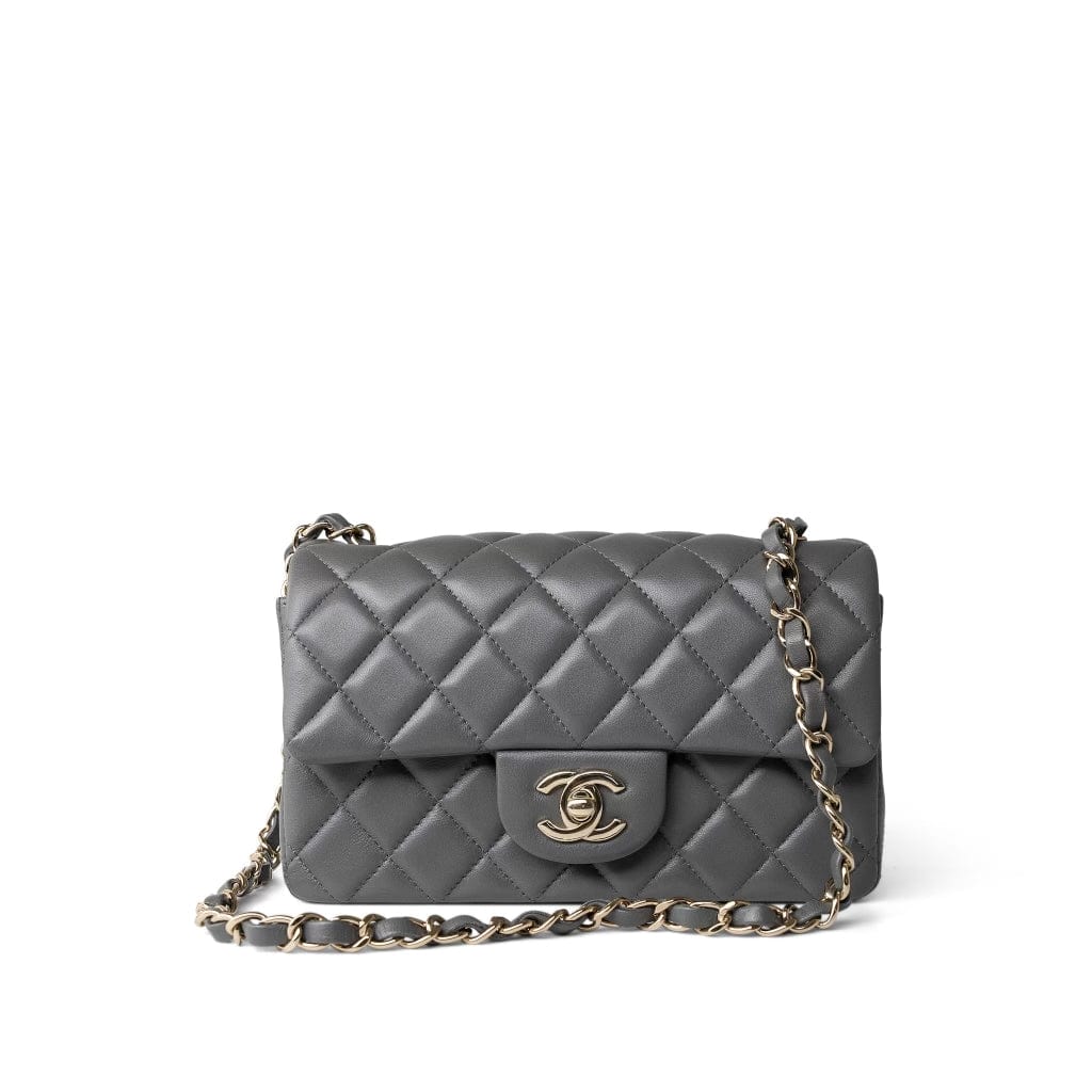Dark Grey Lambskin Quilted Mini Rectangular Flap Light Gold