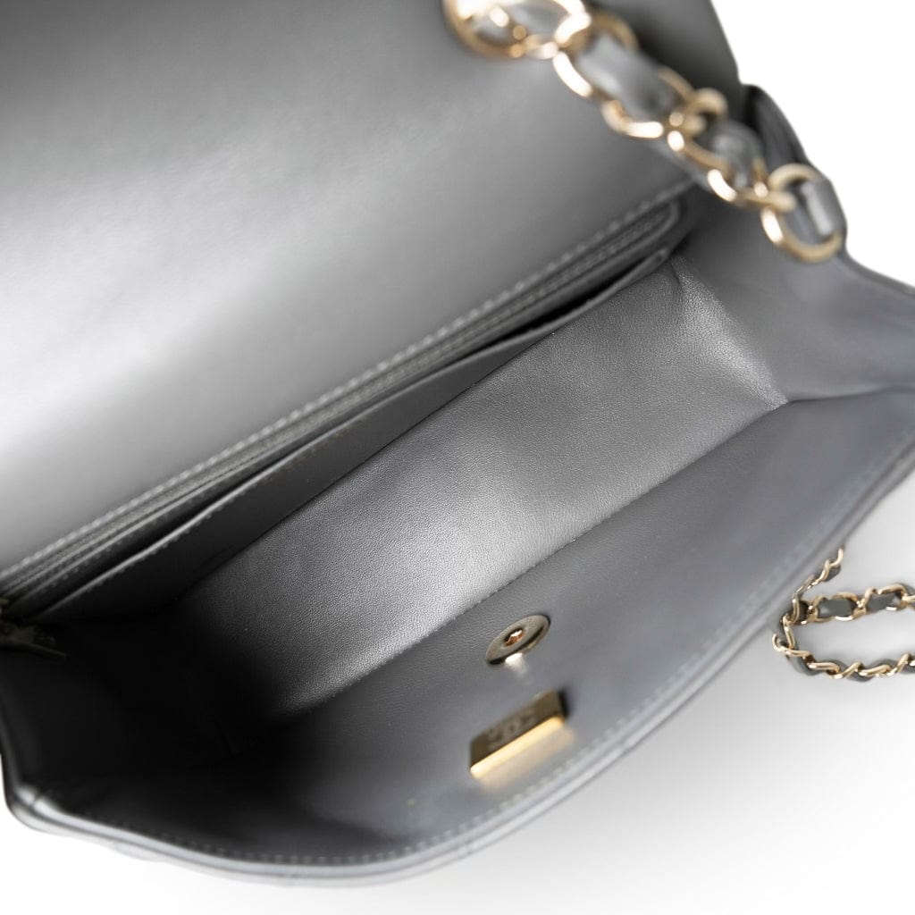 CHANEL Handbag Grey Dark Grey Lambskin Quilted Mini Rectangular Flap Light Gold Hardware - Redeluxe