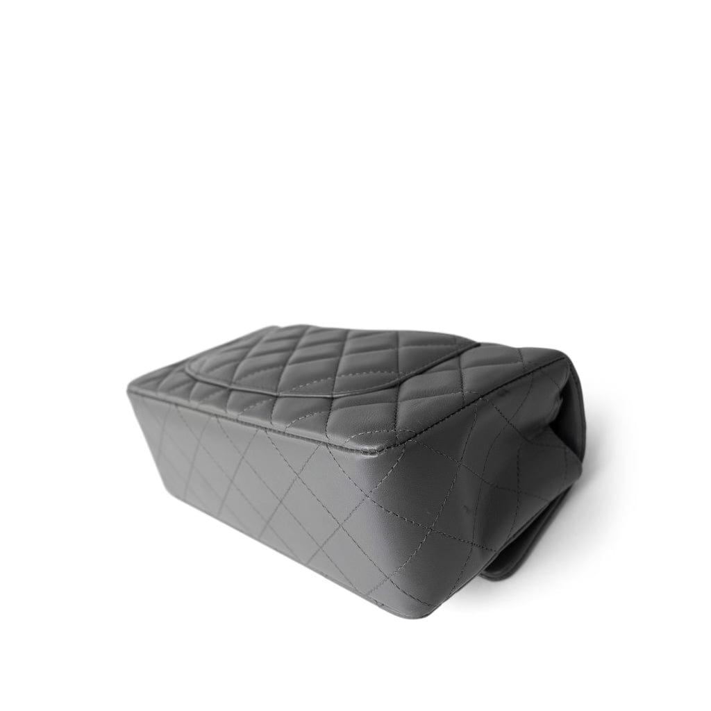 CHANEL Handbag Grey Dark Grey Lambskin Quilted Mini Rectangular Flap Light Gold Hardware - Redeluxe