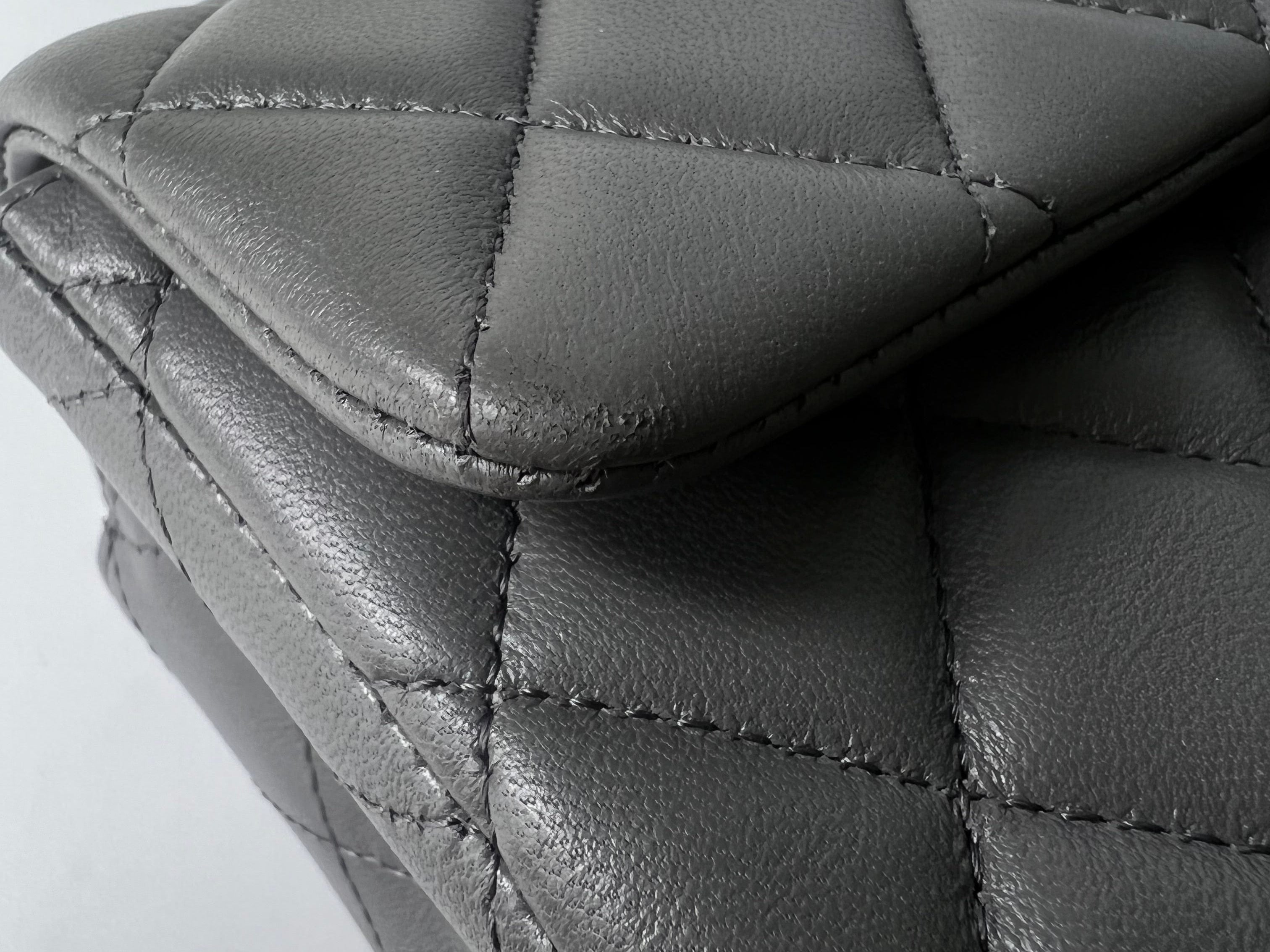CHANEL Handbag Grey Dark Grey Lambskin Quilted Mini Rectangular Flap Light Gold Hardware - Redeluxe