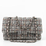 CHANEL Handbag Grey Tweed Quilted Classic Flap Medium Shiny Ruthenium Hardware - Redeluxe