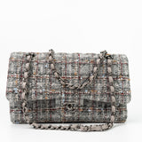 CHANEL Handbag Grey Tweed Quilted Classic Flap Medium Shiny Ruthenium Hardware - Redeluxe