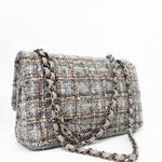 CHANEL Handbag Grey Tweed Quilted Classic Flap Medium Shiny Ruthenium Hardware - Redeluxe