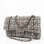 CHANEL Handbag Grey Tweed Quilted Classic Flap Medium Shiny Ruthenium Hardware - Redeluxe