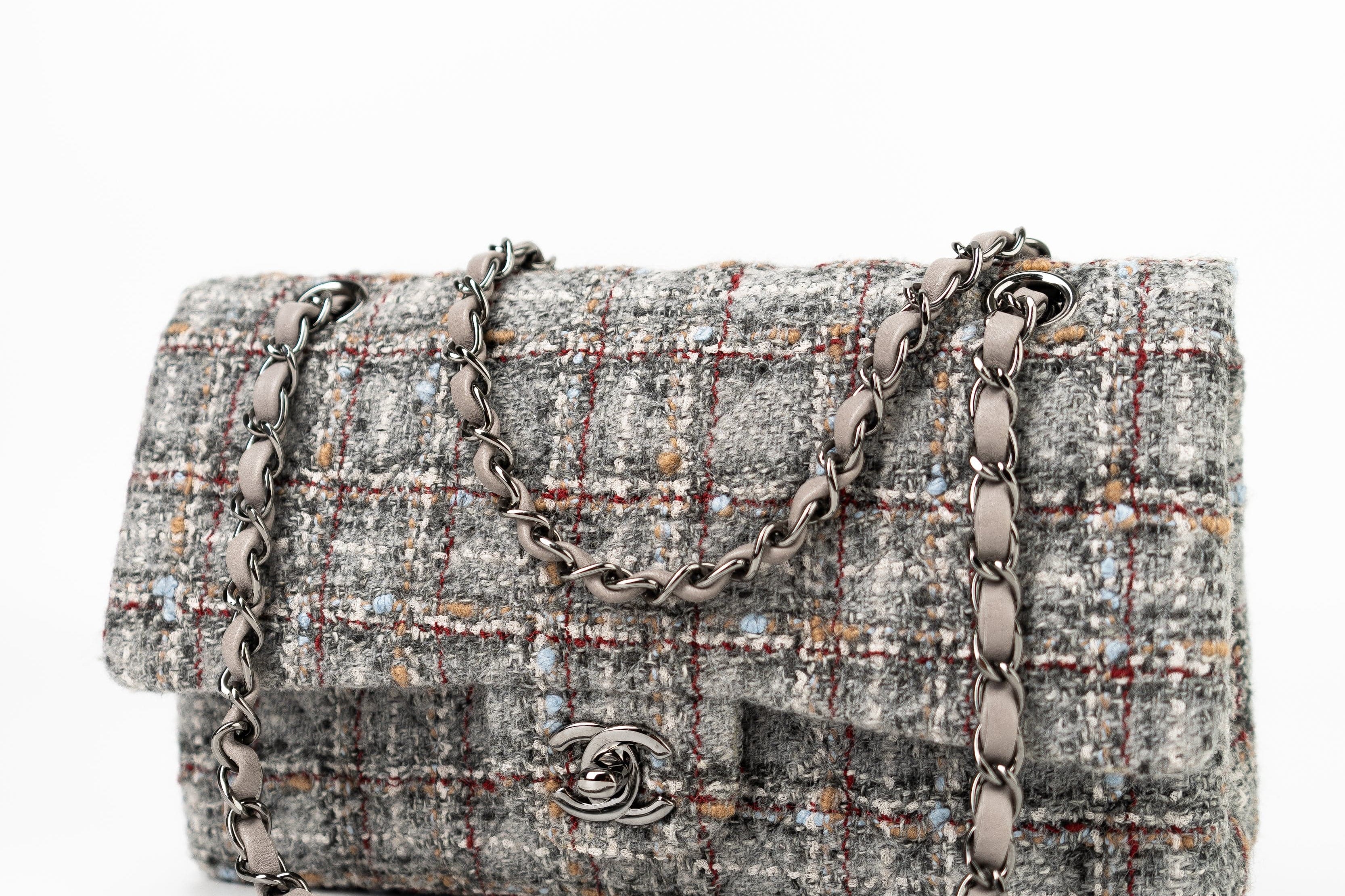 CHANEL Handbag Grey Tweed Quilted Classic Flap Medium Shiny Ruthenium Hardware - Redeluxe