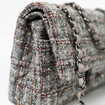 CHANEL Handbag Grey Tweed Quilted Classic Flap Medium Shiny Ruthenium Hardware - Redeluxe