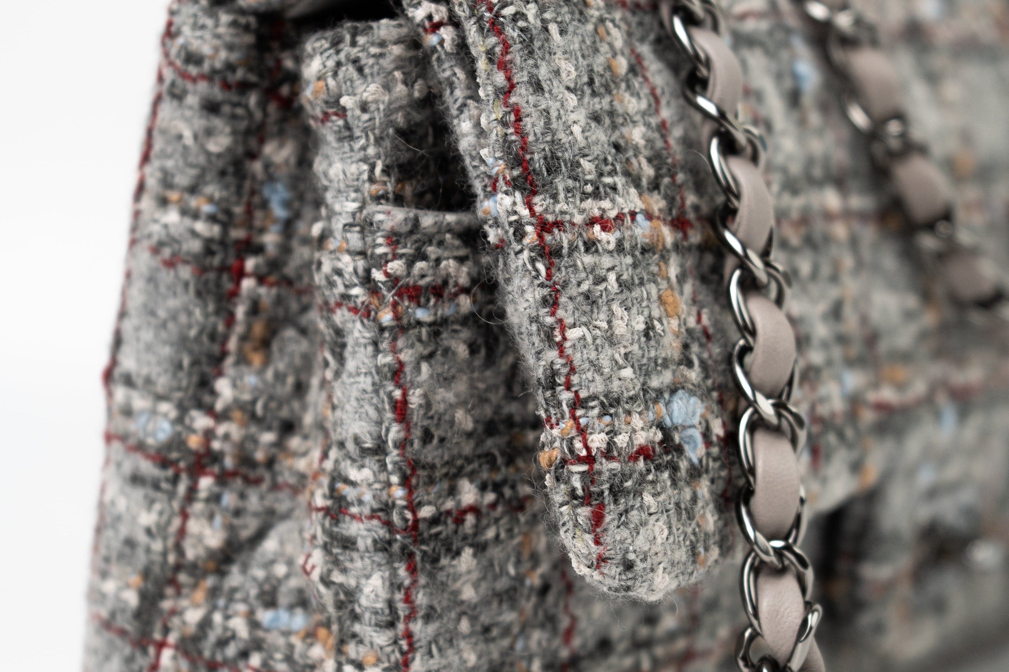 CHANEL Handbag Grey Tweed Quilted Classic Flap Medium Shiny Ruthenium Hardware - Redeluxe
