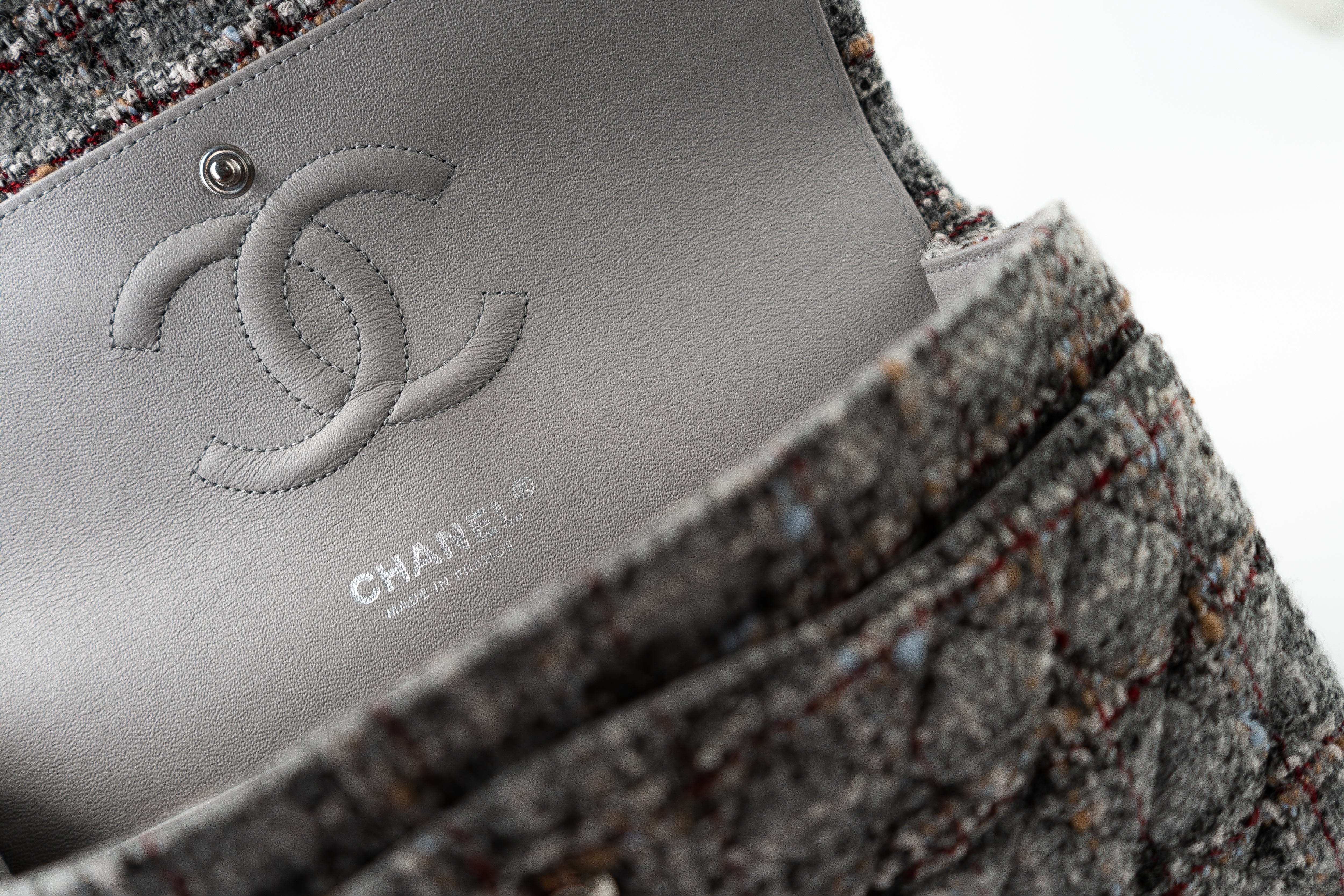CHANEL Handbag Grey Tweed Quilted Classic Flap Medium Shiny Ruthenium Hardware - Redeluxe