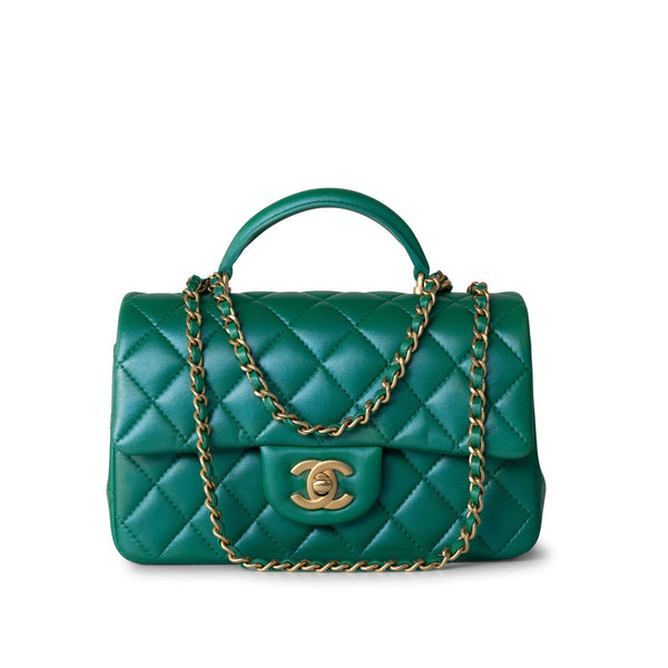 Iridescent Green Lambskin Quilted Mini Top Handle LGHW – REDELUXE