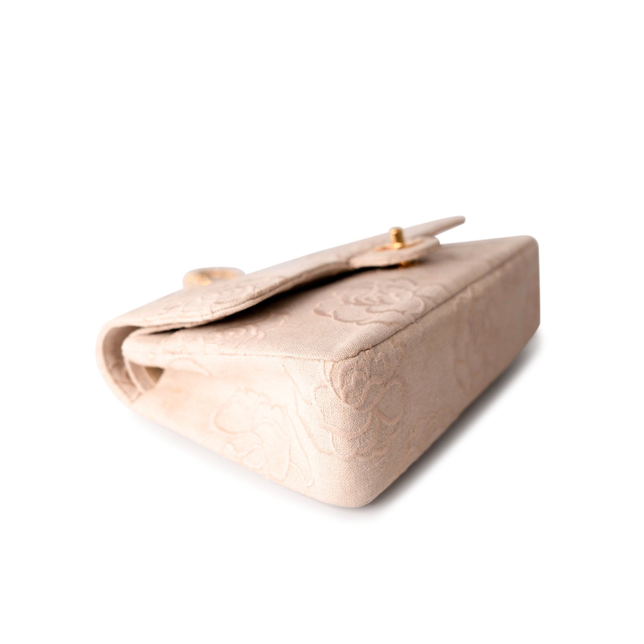 CHANEL Handbag Ivory Canvas Camellia Classic Double Flap Gold Hardware Vintage - Redeluxe