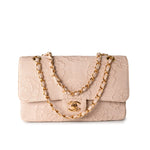 CHANEL Handbag Ivory Canvas Camellia Classic Double Flap Gold Hardware Vintage - Redeluxe