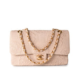 CHANEL Handbag Ivory Canvas Camellia Classic Double Flap Gold Hardware Vintage - Redeluxe
