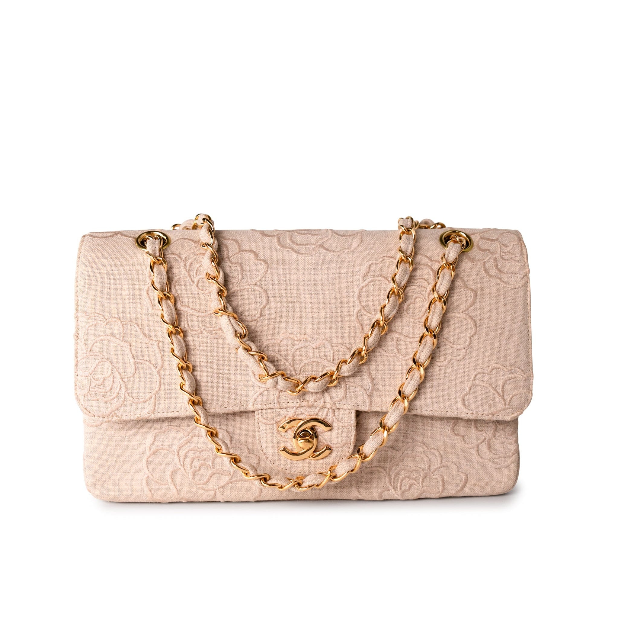 CHANEL Handbag Ivory Canvas Camellia Classic Double Flap Gold Hardware Vintage - Redeluxe