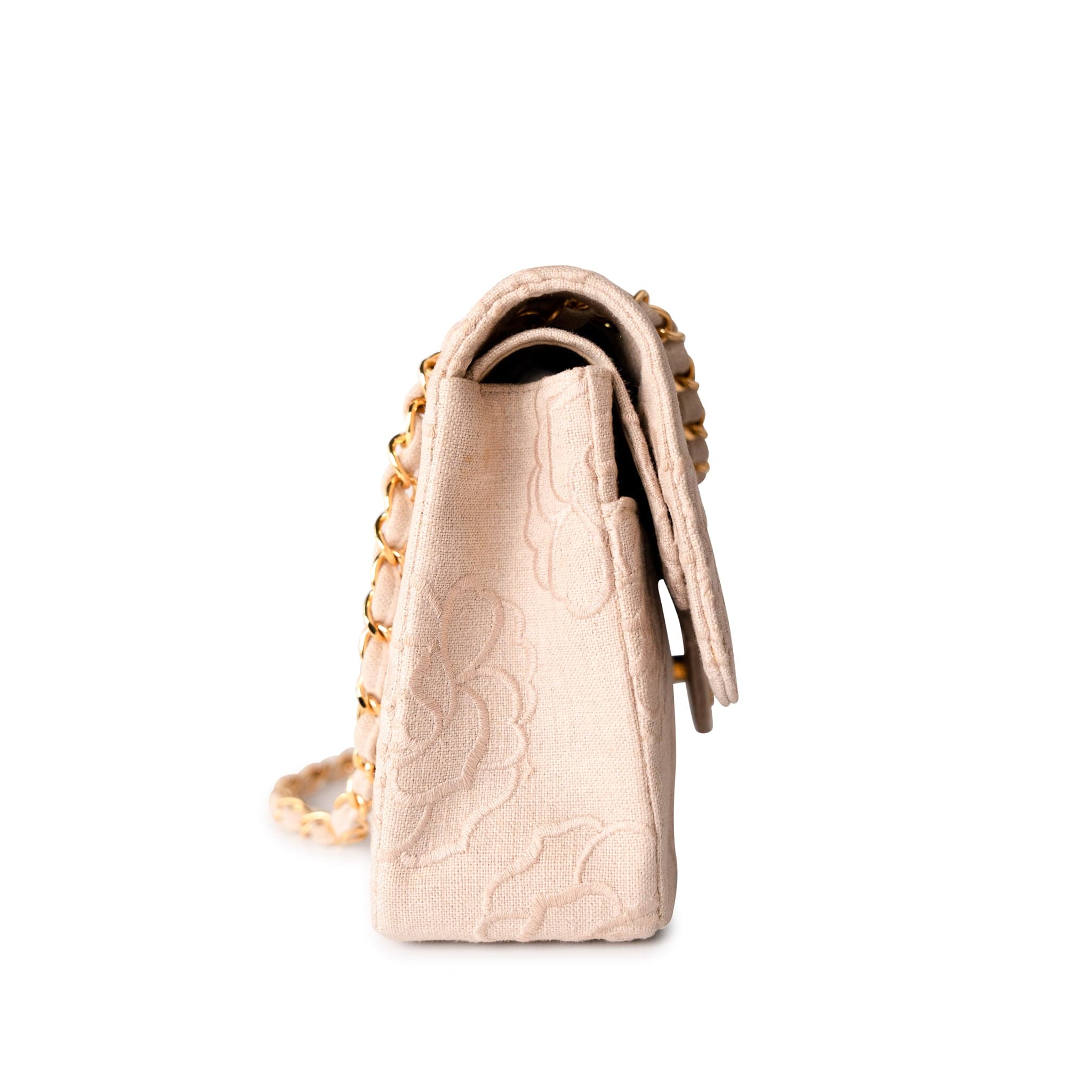 CHANEL Handbag Ivory Canvas Camellia Classic Double Flap Gold Hardware Vintage - Redeluxe