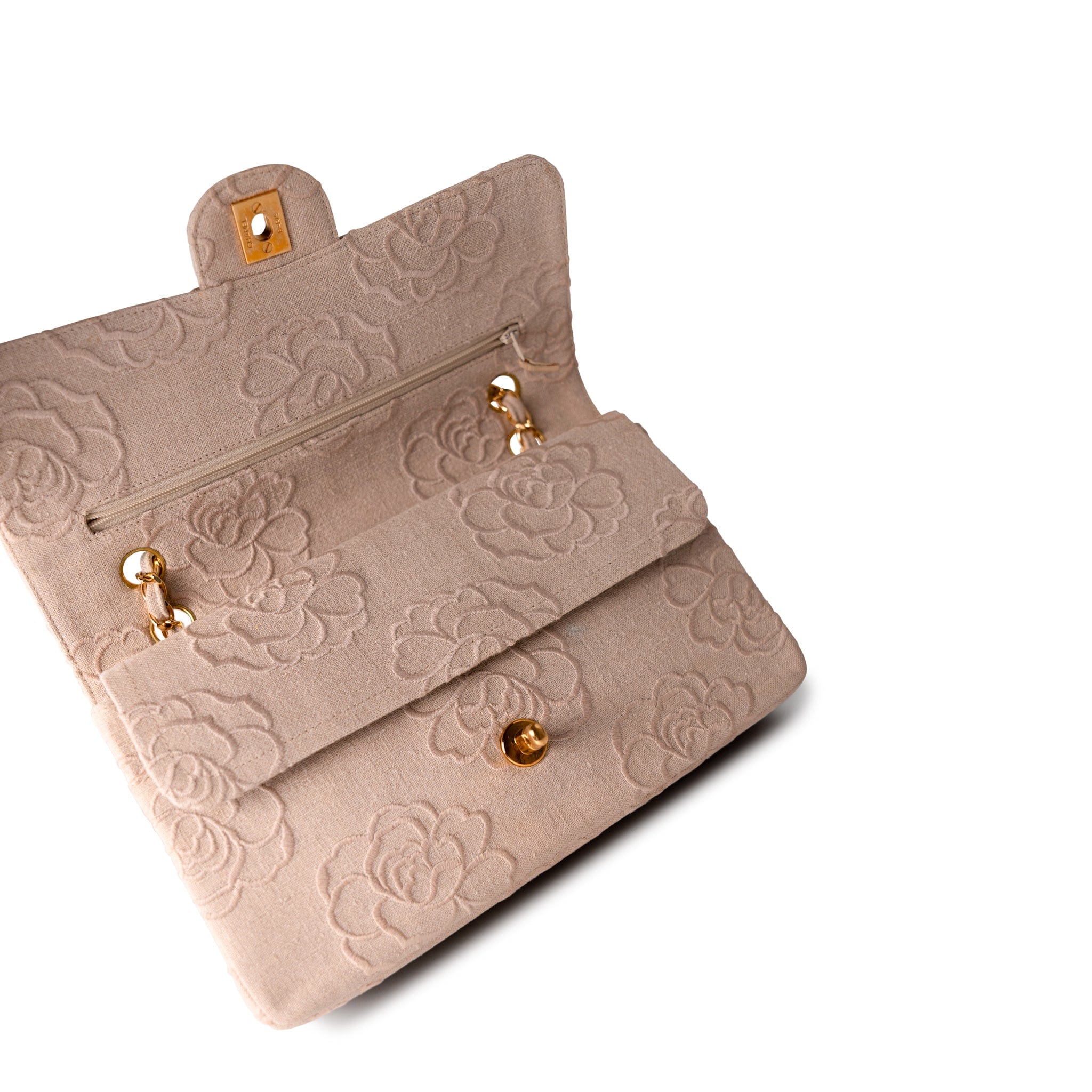CHANEL Handbag Ivory Canvas Camellia Classic Double Flap Gold Hardware Vintage - Redeluxe