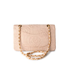 CHANEL Handbag Ivory Canvas Camellia Classic Double Flap Gold Hardware Vintage - Redeluxe