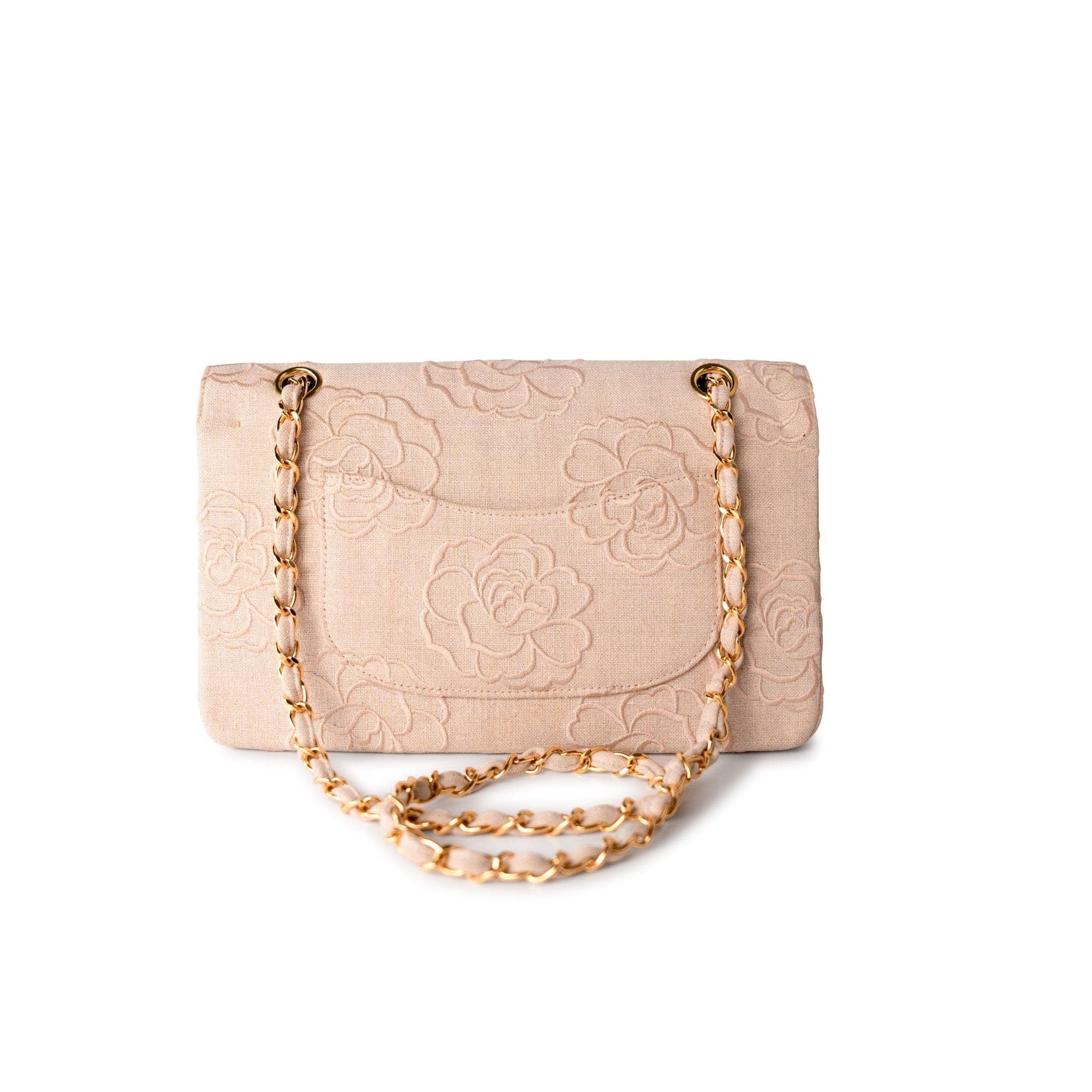 CHANEL Handbag Ivory Canvas Camellia Classic Double Flap Gold Hardware Vintage - Redeluxe