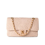 CHANEL Handbag Ivory Canvas Camellia Classic Double Flap Gold Hardware Vintage - Redeluxe