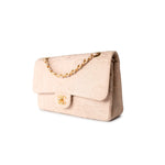 CHANEL Handbag Ivory Canvas Camellia Classic Double Flap Gold Hardware Vintage - Redeluxe