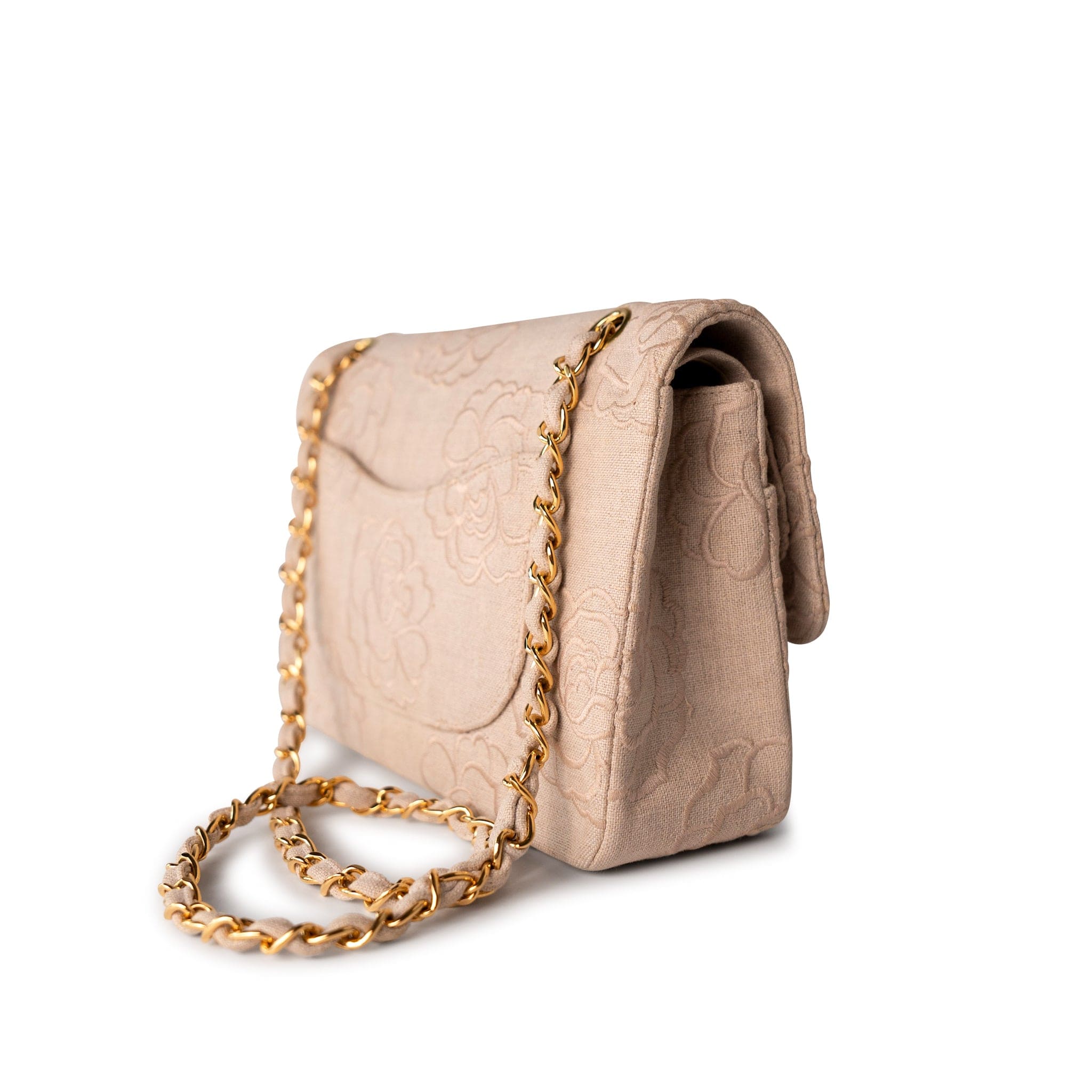 CHANEL Handbag Ivory Canvas Camellia Classic Double Flap Gold Hardware Vintage - Redeluxe