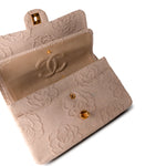 CHANEL Handbag Ivory Canvas Camellia Classic Double Flap Gold Hardware Vintage - Redeluxe