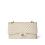 CHANEL Handbag Ivory / Classic flap 18C Ivory Chevron Lambskin Medium Classic Flap Light Gold Hardware - Redeluxe