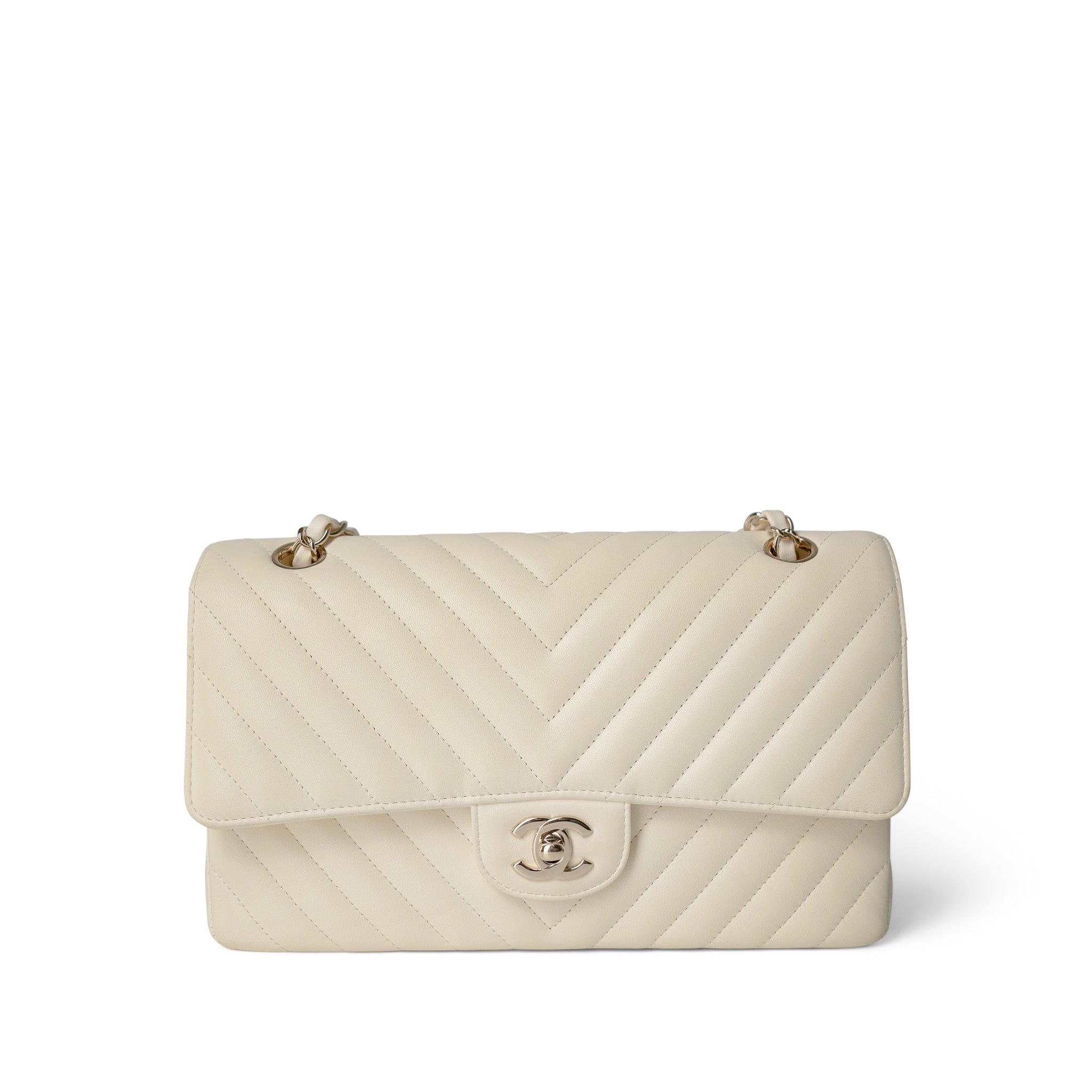 CHANEL Handbag Ivory / Classic flap 18C Ivory Chevron Lambskin Medium Classic Flap Light Gold Hardware - Redeluxe