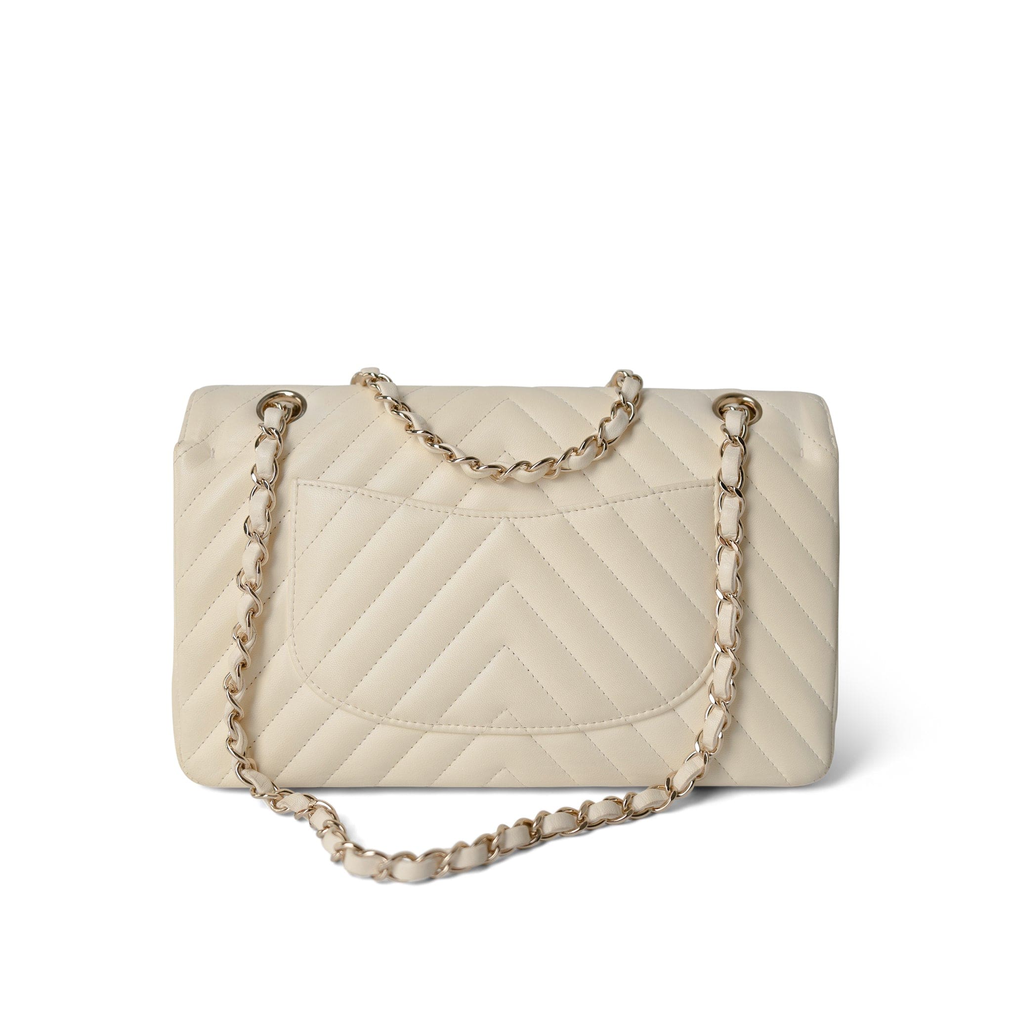 CHANEL Handbag Ivory / Classic flap 18C Ivory Chevron Lambskin Medium Classic Flap Light Gold Hardware - Redeluxe