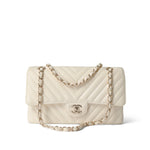 CHANEL Handbag Ivory / Classic flap 18C Ivory Chevron Lambskin Medium Classic Flap Light Gold Hardware - Redeluxe