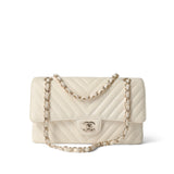 CHANEL Handbag Ivory / Classic flap 18C Ivory Chevron Lambskin Medium Classic Flap Light Gold Hardware - Redeluxe