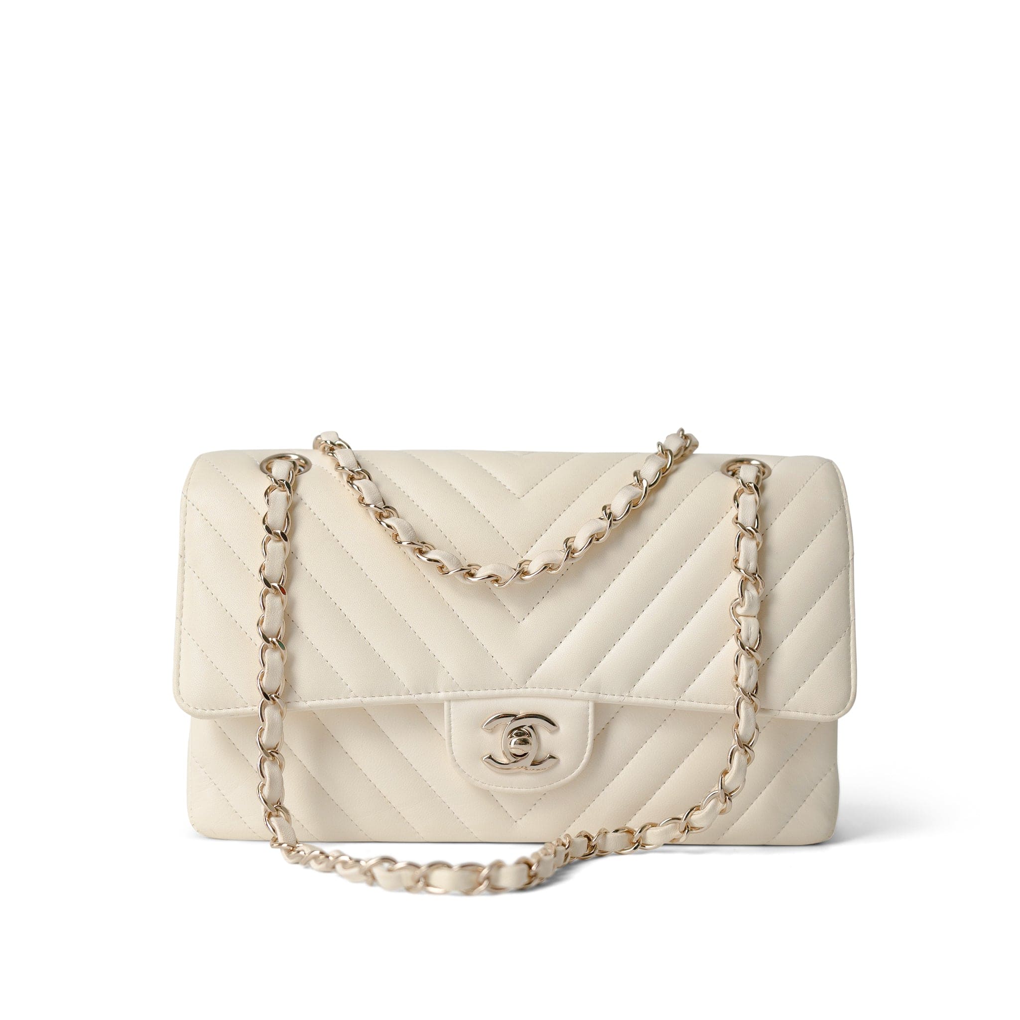 CHANEL Handbag Ivory / Classic flap 18C Ivory Chevron Lambskin Medium Classic Flap Light Gold Hardware - Redeluxe