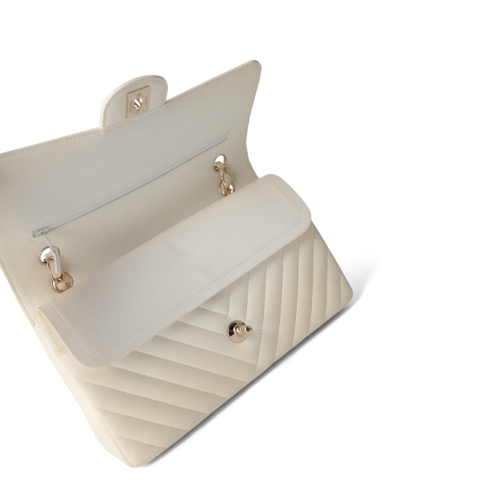 CHANEL Handbag Ivory / Classic flap 18C Ivory Chevron Lambskin Medium Classic Flap Light Gold Hardware - Redeluxe
