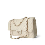 CHANEL Handbag Ivory / Classic flap 18C Ivory Chevron Lambskin Medium Classic Flap Light Gold Hardware - Redeluxe