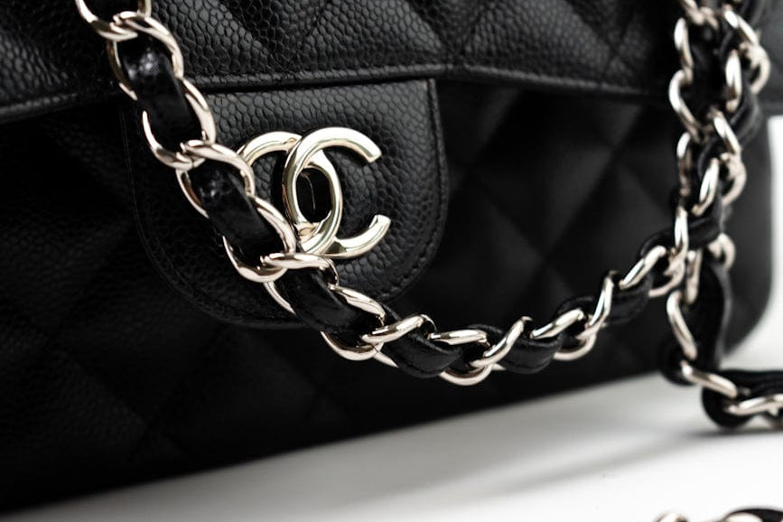 CHANEL Handbag Jumbo Black Caviar Quilted Classic Flap Silver Hardware - Redeluxe