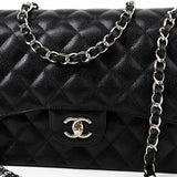 CHANEL Handbag Jumbo Black Caviar Quilted Classic Flap Silver Hardware - Redeluxe