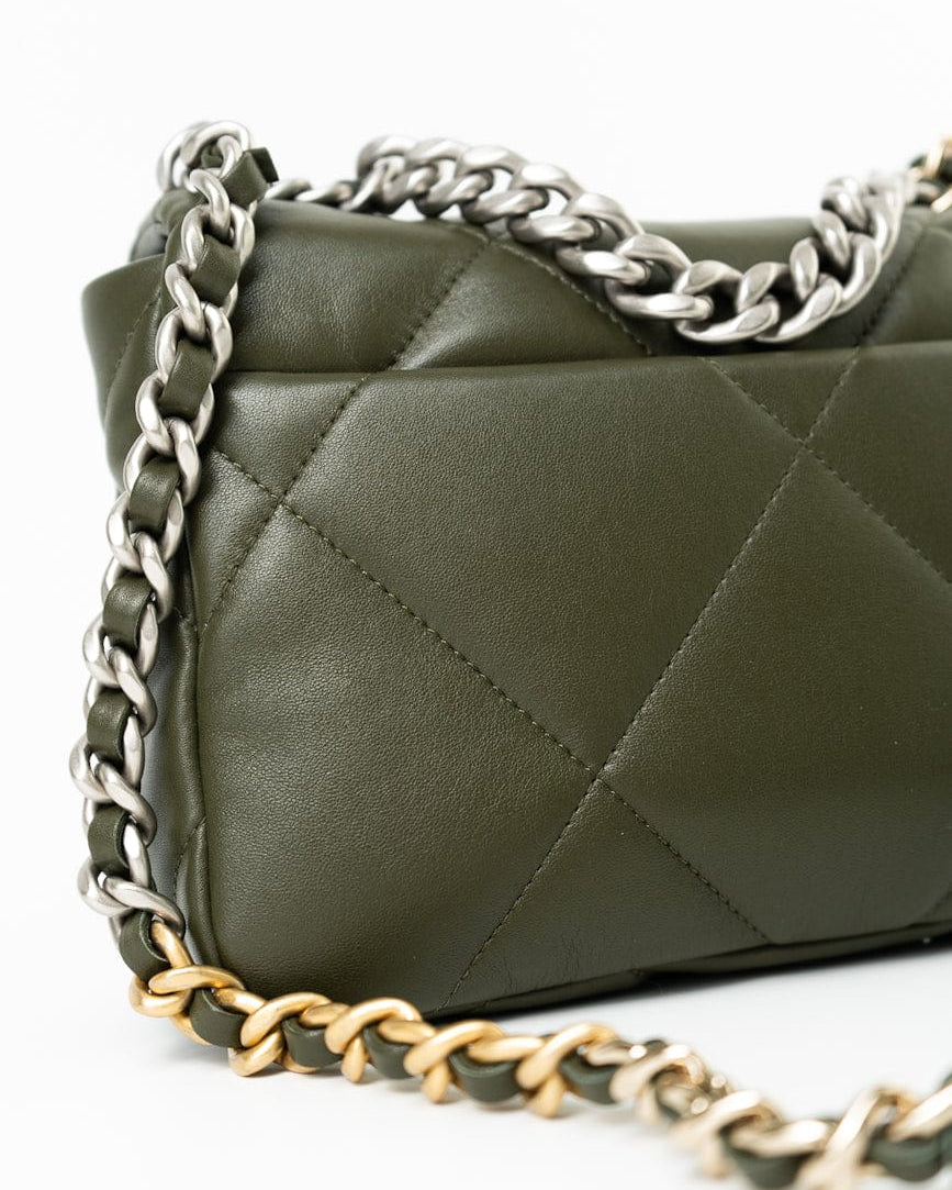 CHANEL Handbag Khaki/ Olive Green Lambskin Quilted 19 Flap Small - Redeluxe