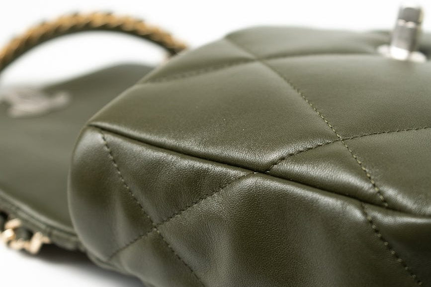 CHANEL Handbag Khaki/ Olive Green Lambskin Quilted 19 Flap Small - Redeluxe