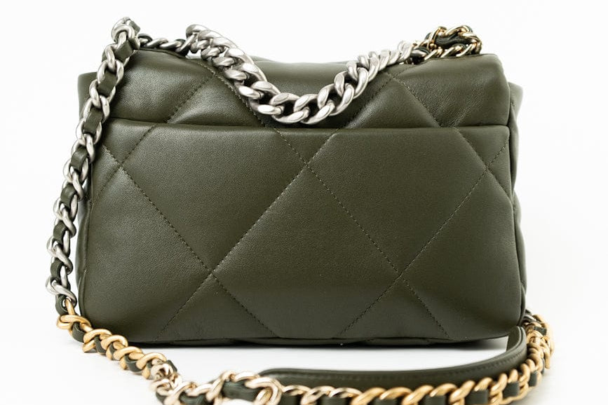 CHANEL Handbag Khaki/ Olive Green Lambskin Quilted 19 Flap Small - Redeluxe