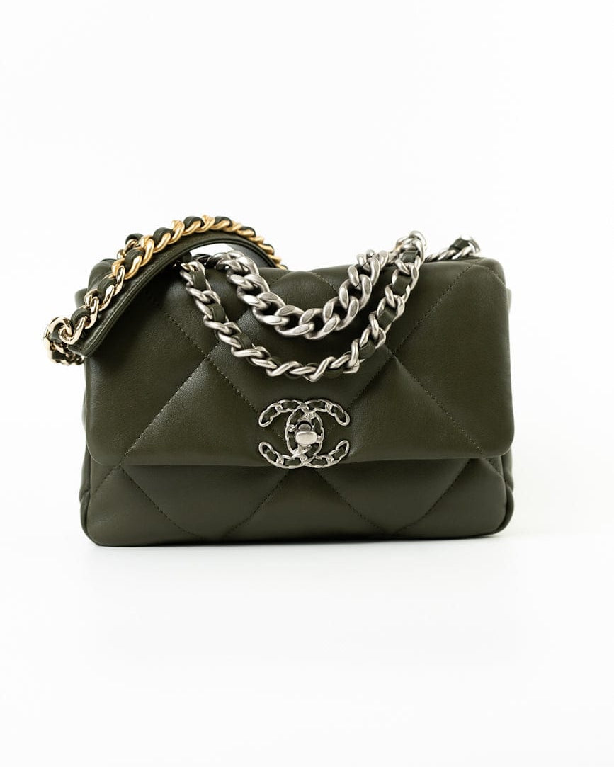 CHANEL Handbag Khaki/ Olive Green Lambskin Quilted 19 Flap Small - Redeluxe