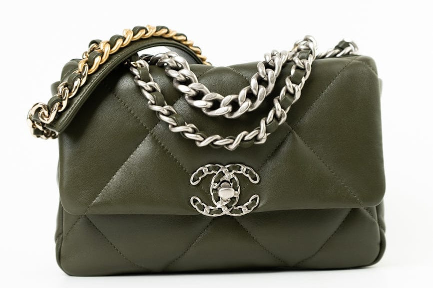 CHANEL Handbag Khaki/ Olive Green Lambskin Quilted 19 Flap Small - Redeluxe
