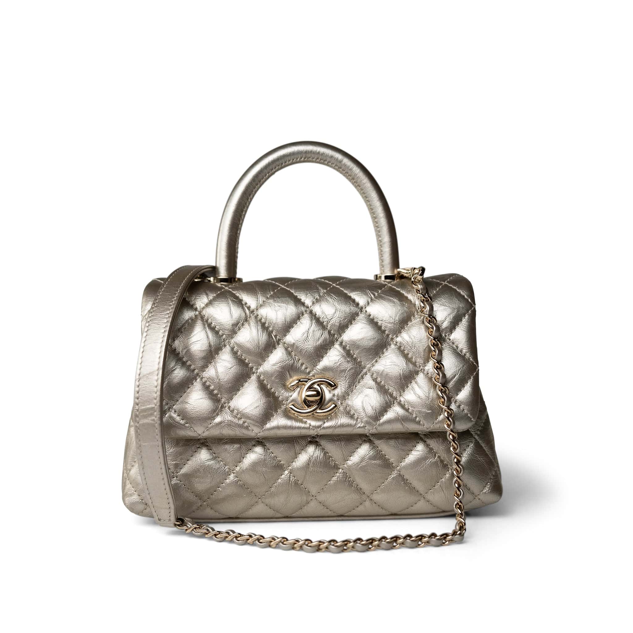 CHANEL Handbag Metallic 20A Metallic Aged Calfskin Quilted Mini Coco Handle Light Gold Hardware - Redeluxe