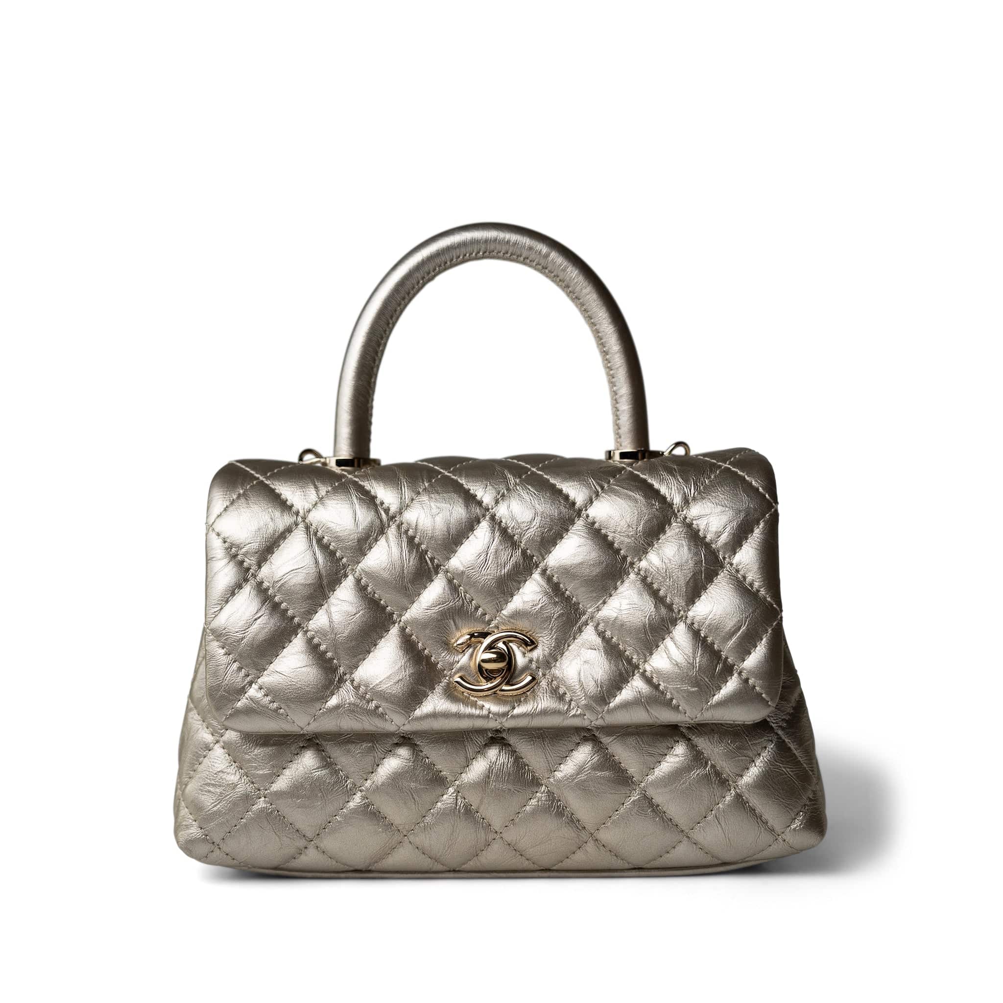 CHANEL Handbag Metallic 20A Metallic Aged Calfskin Quilted Mini Coco Handle Light Gold Hardware - Redeluxe