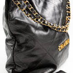 CHANEL Handbag Metallic Charcoal Calfskin Quilted  22 Bag Medium Aged Gold Hardware - Redeluxe