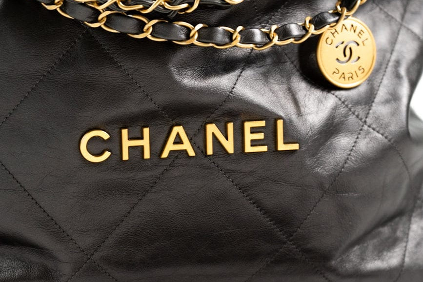 CHANEL Handbag Metallic Charcoal Calfskin Quilted  22 Bag Medium Aged Gold Hardware - Redeluxe