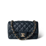 CHANEL Handbag Navy 18B Navy Caviar Quilted Mini Rectangular Light Gold Hardware - Redeluxe