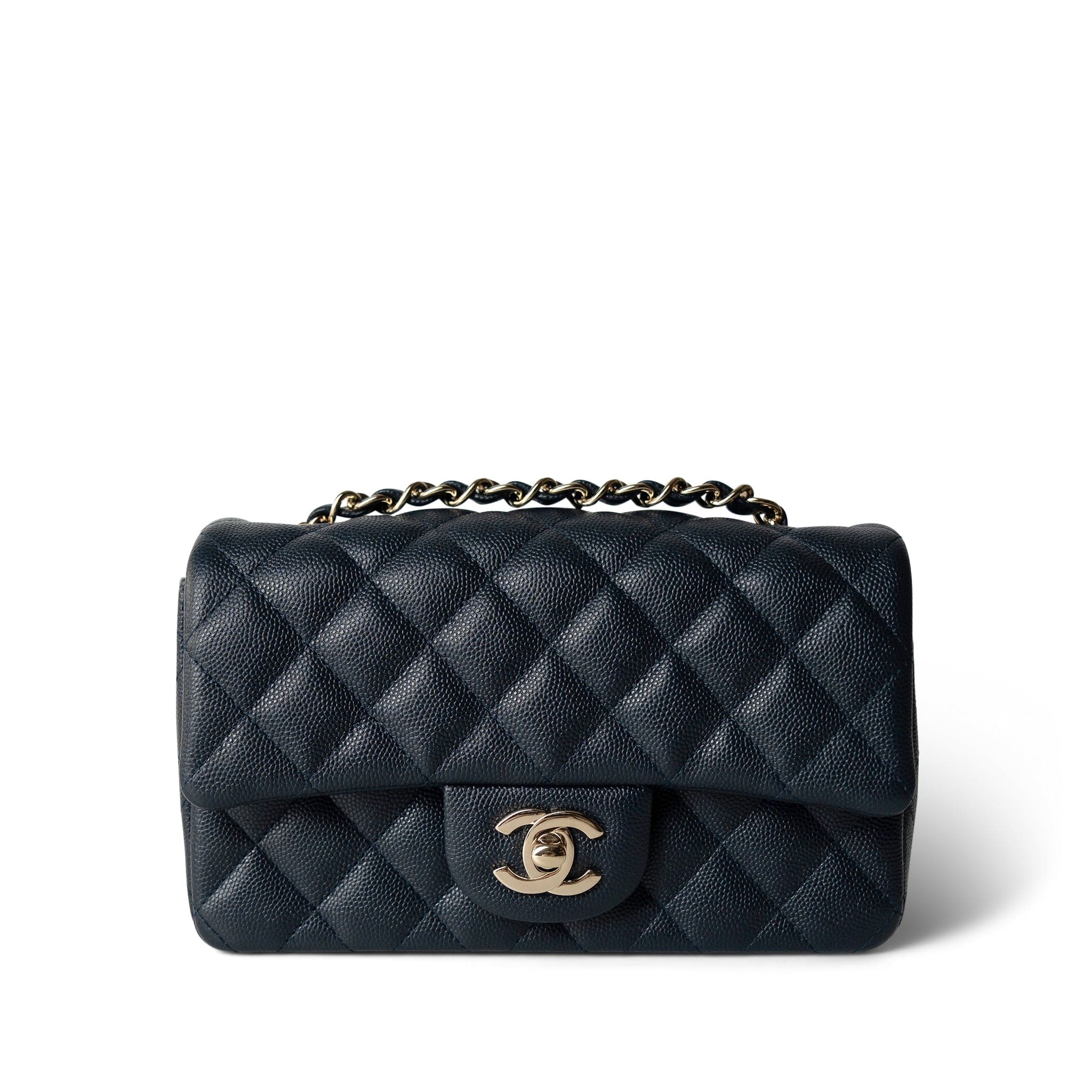 CHANEL Handbag Navy 18B Navy Caviar Quilted Mini Rectangular Light Gold Hardware - Redeluxe