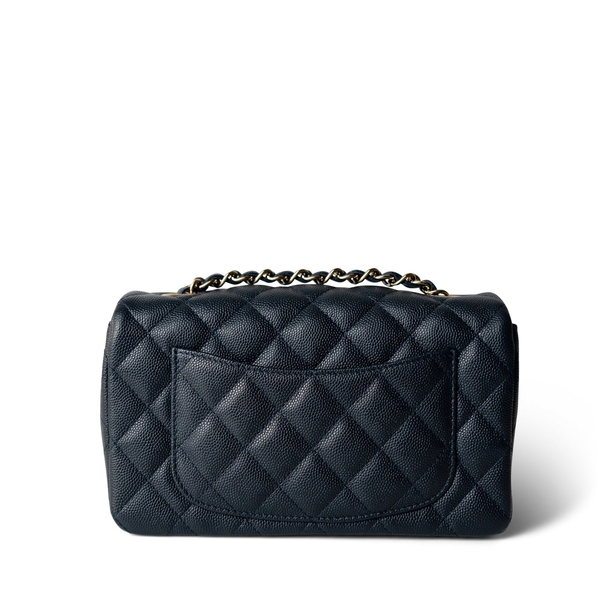 CHANEL Handbag Navy 18B Navy Caviar Quilted Mini Rectangular Light Gold Hardware - Redeluxe